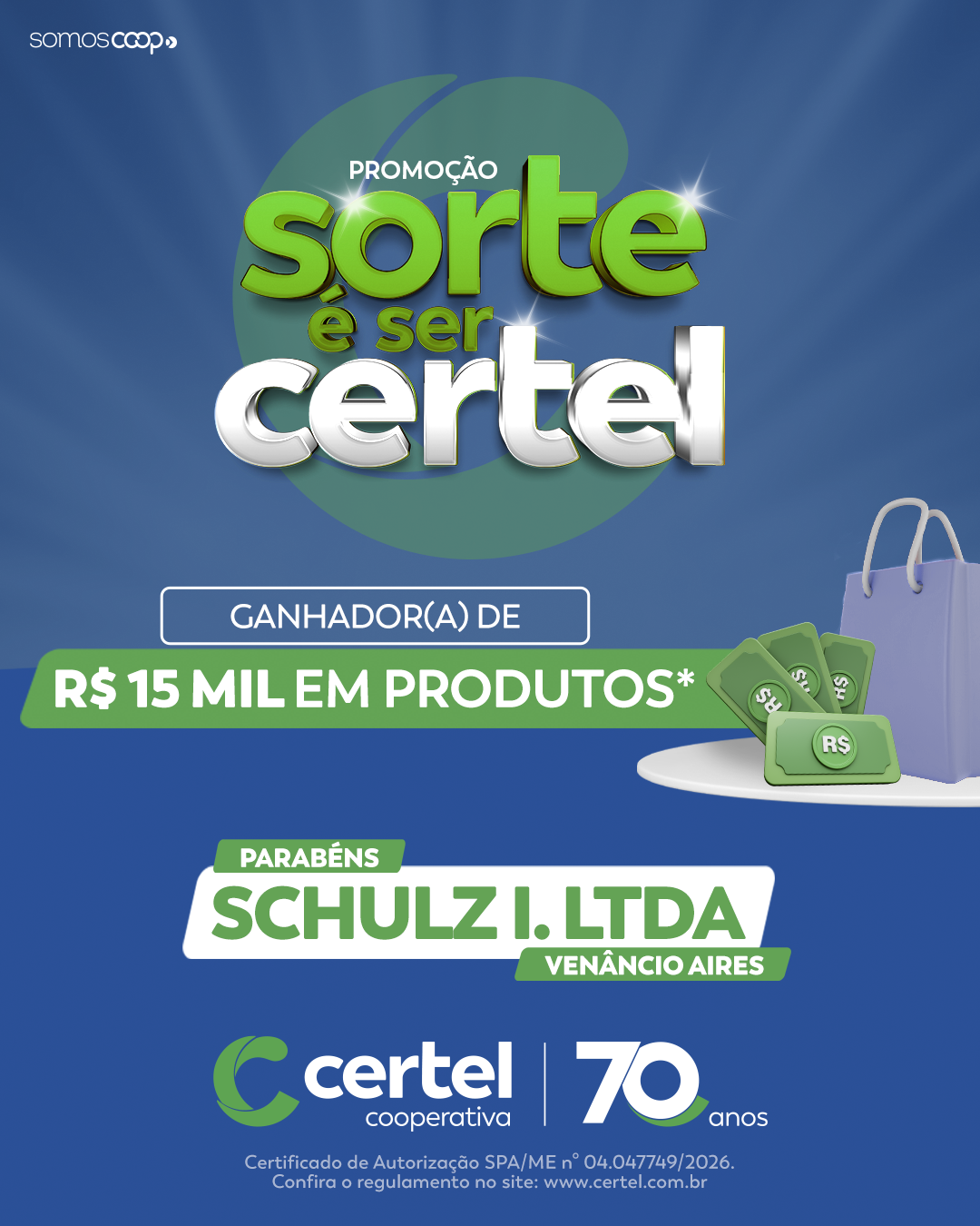 Terceiro ganhador da promoção “Sorte É Ser Certel” é de Venâncio Aires